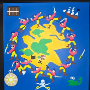 May include: A colorful pirate-themed artwork featuring a yellow island surrounded by a blue sea. The island is encircled by figures in red shirts and yellow pants, holding swords. A ship, treasure chest, and skull and crossbones are also depicted.