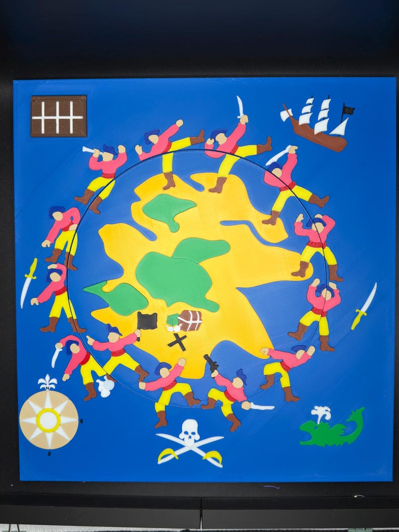 May include: A colorful pirate-themed artwork featuring a yellow island surrounded by a blue sea. The island is encircled by figures in red shirts and yellow pants, holding swords. A ship, treasure chest, and skull and crossbones are also depicted.