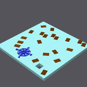 May include: A light blue square with a compass rose and brown rectangular shapes scattered across its surface. The compass rose is blue and indicates the cardinal directions.