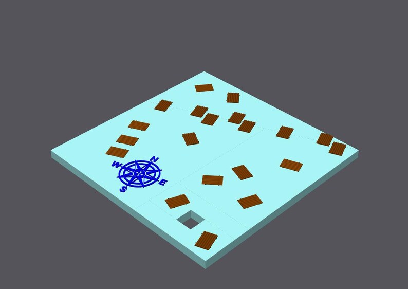 May include: A light blue square with a compass rose and brown rectangular shapes scattered across its surface. The compass rose is blue and indicates the cardinal directions.