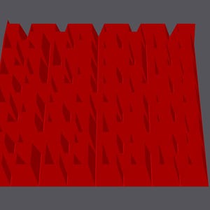 May include: A red, textured wall with a geometric pattern. The wall is made up of many small, overlapping triangles.