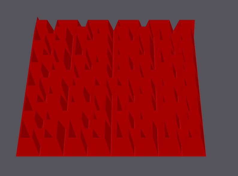 May include: A red, textured wall with a geometric pattern. The wall is made up of many small, overlapping triangles.
