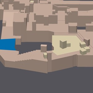 May include: A 3D model of a city with a blue water feature and several beige buildings. The buildings are arranged in a grid pattern and have flat roofs.