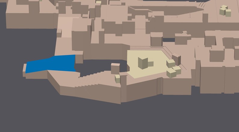May include: A 3D model of a city with a blue water feature and several beige buildings. The buildings are arranged in a grid pattern and have flat roofs.
