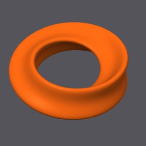 May include: A bright orange, three-dimensional, abstract sculpture resembling a twisted ring or a Mobius strip.