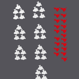 May include: A visual representation of a math problem. Four groups of white triangles are arranged in a pyramid shape, with a fifth group of white triangles at the bottom. To the right, a column of red triangles is arranged vertically.