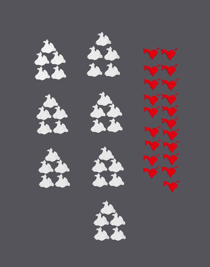 May include: A visual representation of a math problem. Four groups of white triangles are arranged in a pyramid shape, with a fifth group of white triangles at the bottom. To the right, a column of red triangles is arranged vertically.