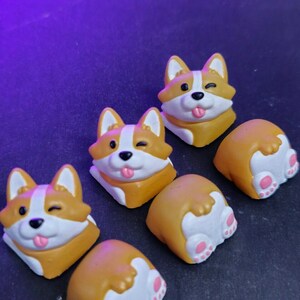 Op de afbeelding: Een verzameling corgi-beeldjes. De beeldjes omvatten corgi-gezichten met knipogen en uitgestoken tongen, samen met corgi-achterkanten met roze voetzolen. De corgi's zijn voornamelijk oranje, wit en bruin.
