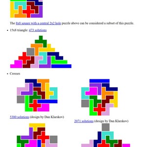 May include: A diagram showing different ways to arrange 12 colored tiles, including a square, a triangle, and crosses. The tiles are in various colors, including red, blue, green, yellow, orange, purple, and gray. The diagram includes the number of solutions for each arrangement.