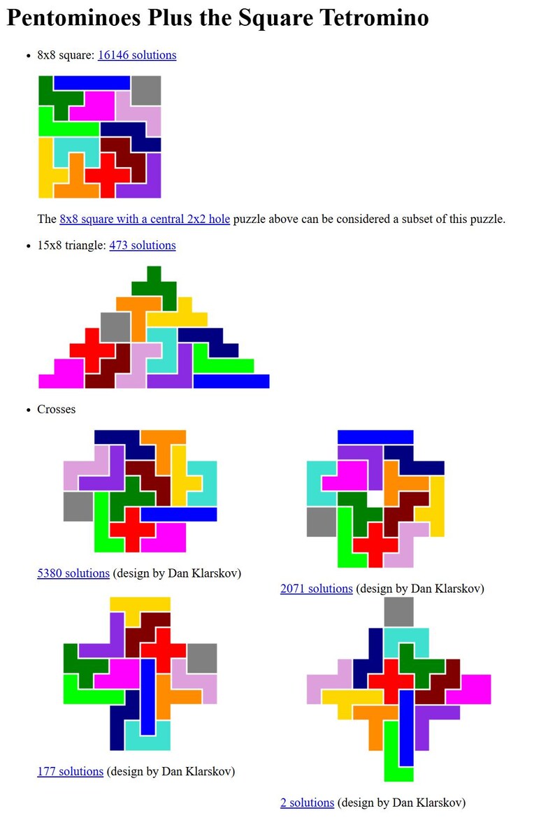 May include: A diagram showing different ways to arrange 12 colored tiles, including a square, a triangle, and crosses. The tiles are in various colors, including red, blue, green, yellow, orange, purple, and gray. The diagram includes the number of solutions for each arrangement.