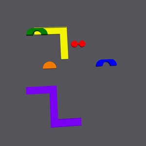 May include: A colorful abstract design featuring geometric shapes in yellow, green, blue, red, and orange. The shapes are arranged in a playful and asymmetrical pattern.