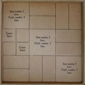 May include: A brown cardboard game board with a grid of nine squares. Each square has instructions for a game, such as "Start number 1 here." and "Finish number 3 here."