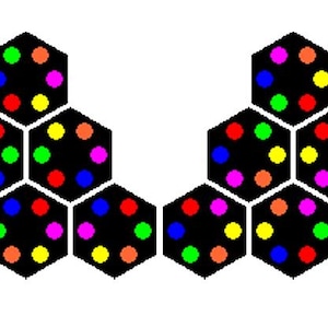 May include: Two symmetrical patterns of hexagons with black backgrounds and colorful dots. Each pattern has six hexagons with a total of 36 dots in each pattern. The dots are red, orange, yellow, green, blue, and pink.