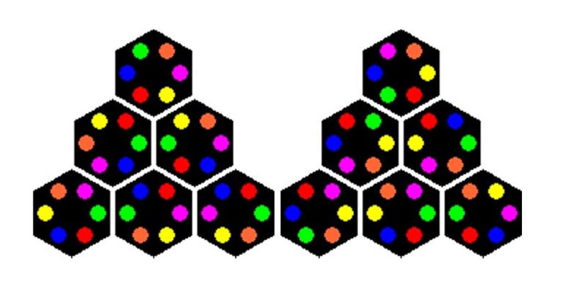 May include: Two symmetrical patterns of hexagons with black backgrounds and colorful dots. Each pattern has six hexagons with a total of 36 dots in each pattern. The dots are red, orange, yellow, green, blue, and pink.