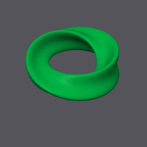 May include: A green, three-dimensional, abstract sculpture in the shape of a twisted ring.