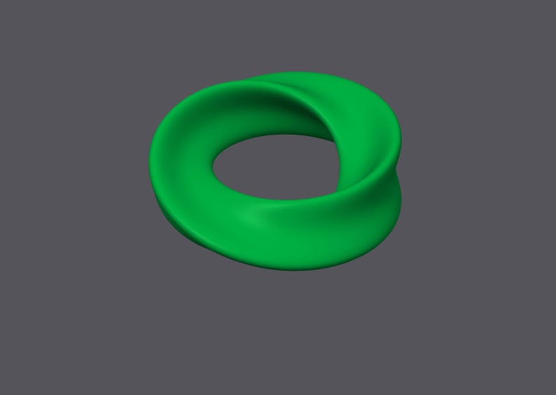 May include: A green, three-dimensional, abstract sculpture in the shape of a twisted ring.