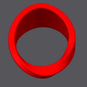K&ouml;nnte beinhalten: Ein leuchtend roter Ring mit einem glatten, geschwungenen Design. Der Ring hat eine durchgehende, flie&szlig;ende Form und erzeugt eine moderne und minimalistische &Auml;sthetik. Das Objekt befindet sich vor einem neutralen grauen Hintergrund.