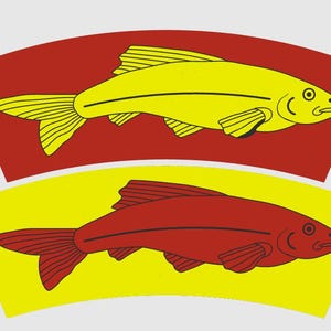 May include: Two stylized fish illustrations. The top fish is yellow on a red background, and the bottom fish is red on a yellow background. The fish are in a curved shape, with fins and tails.