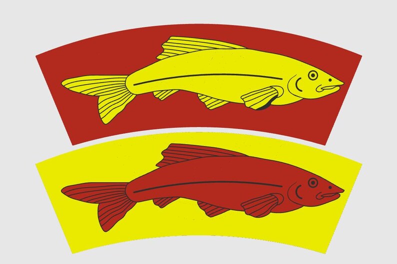 May include: Two stylized fish illustrations. The top fish is yellow on a red background, and the bottom fish is red on a yellow background. The fish are in a curved shape, with fins and tails.