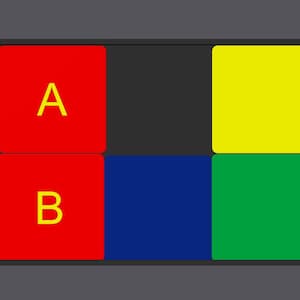 May include: A red and black button with the letter 'A' in yellow on the top button and the letter 'B' in yellow on the bottom button. The buttons are surrounded by a black frame.