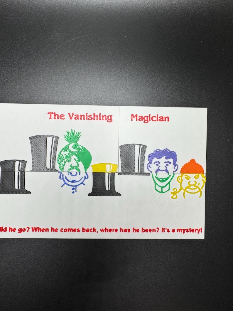 K&ouml;nnte beinhalten: Eine wei&szlig;e Karte mit einer Schwarzwei&szlig;illustration eines Zauberhut und eines Personenkopfes. Der Text "The Vanishing Magician" ist oben auf der Karte in Rot gedruckt. Der Text "Did he go? When he comes back, where has he been? It's a mystery!" ist unten auf der Karte gedruckt.
