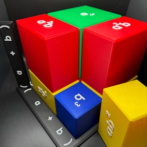 Op de afbeelding: Een kleurrijk 3D-geprint wiskundig model met rode, groene, blauwe en gele blokken. De blokken tonen algebraïsche uitdrukkingen en zijn zo gerangschikt dat ze een wiskundig concept demonstreren. Er is ook een grijze basis met extra vergelijkingen.