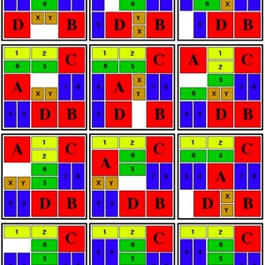 K&ouml;nnte beinhalten: Ein visuelles R&auml;tsel mit 12 verschiedenen Konfigurationen von vier farbigen Quadraten, die mit A, B, C und D beschriftet sind. Jedes Quadrat enth&auml;lt eine Zahl, einen Buchstaben oder eine Kombination von Buchstaben. Die Quadrate sind in einem 4x3-Raster angeordnet.
