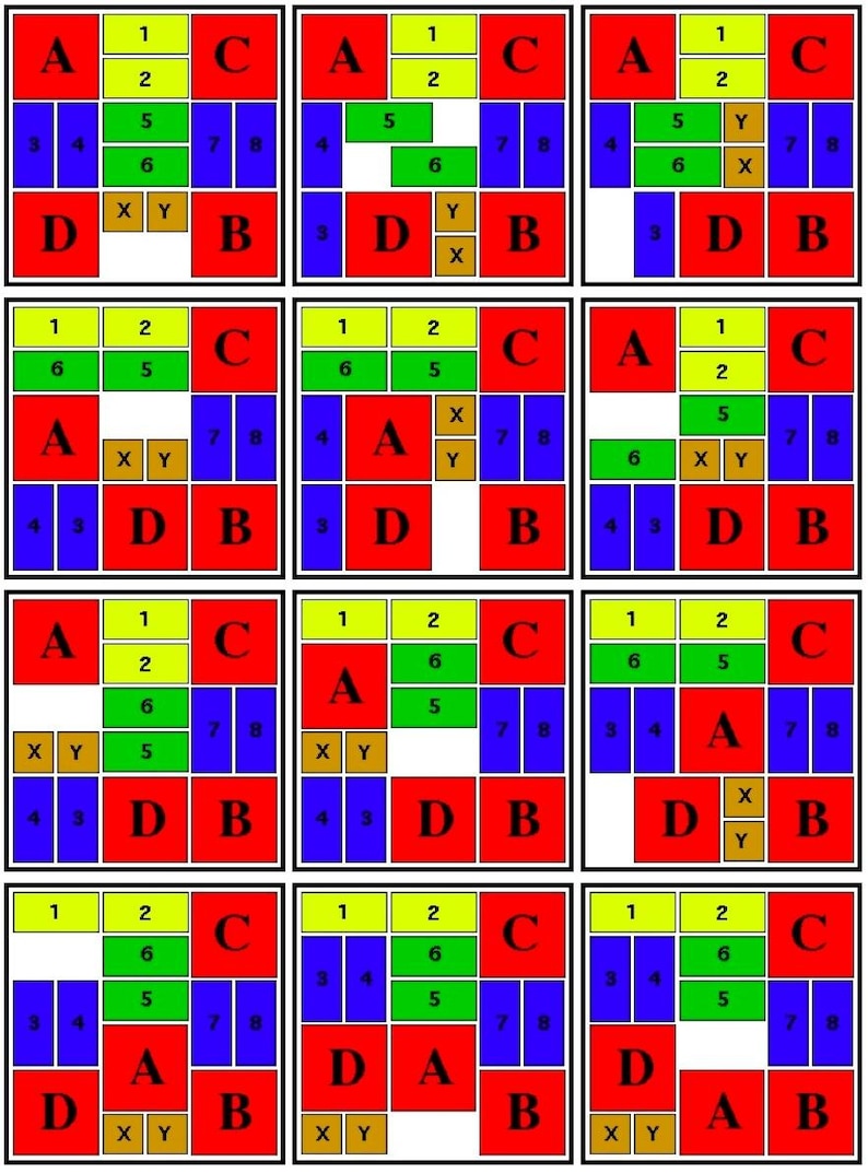 K&ouml;nnte beinhalten: Ein visuelles R&auml;tsel mit 12 verschiedenen Konfigurationen von vier farbigen Quadraten, die mit A, B, C und D beschriftet sind. Jedes Quadrat enth&auml;lt eine Zahl, einen Buchstaben oder eine Kombination von Buchstaben. Die Quadrate sind in einem 4x3-Raster angeordnet.