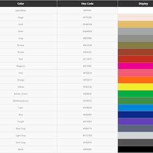 May include: A chart showing different colors with their corresponding hexadecimal color codes and a visual representation of each color.