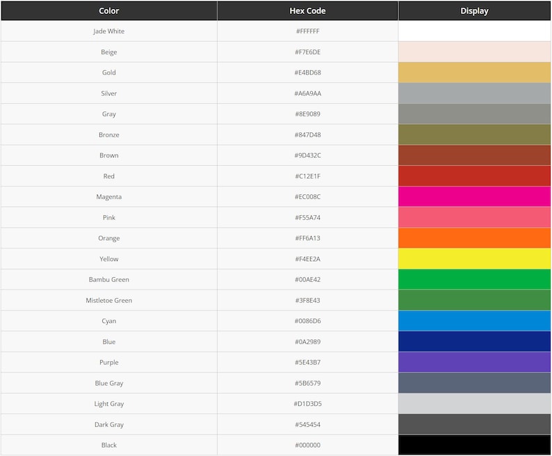 May include: A chart showing different colors with their corresponding hexadecimal color codes and a visual representation of each color.