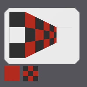 May include: Abstract geometric design featuring a white, rectangular shape with a black and red checkered pattern that recedes into the distance. Two smaller squares, one red and one with a checkered pattern, are at the bottom.