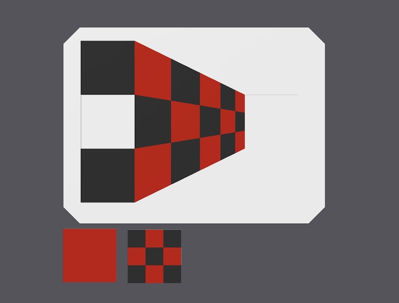 May include: Abstract geometric design featuring a white, rectangular shape with a black and red checkered pattern that recedes into the distance. Two smaller squares, one red and one with a checkered pattern, are at the bottom.
