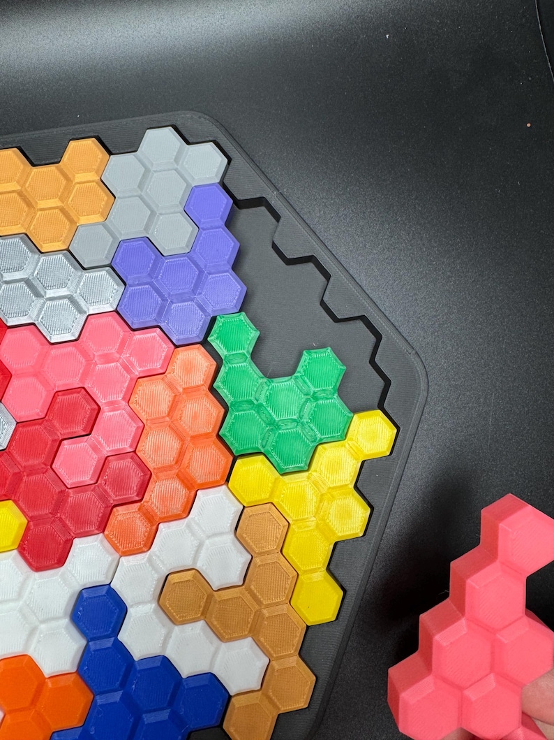 Hexagon Puzzle Brain Teaser - Difficult 3D Printed Puzzle, Brain Teaser for All Ages, 22 Unique Pieces & Hexagon Base - Large 255x225mm Game image 3