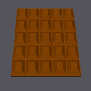 Op de afbeelding: Een bruine chocolade reep met een getextureerd oppervlak. De reep is verdeeld in 36 vierkanten.
