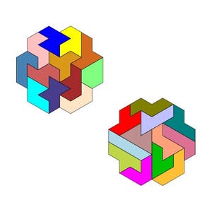 May include: Two colorful geometric designs made up of interlocking shapes. The designs are made up of various colors, including red, blue, green, yellow, orange, pink, and brown.