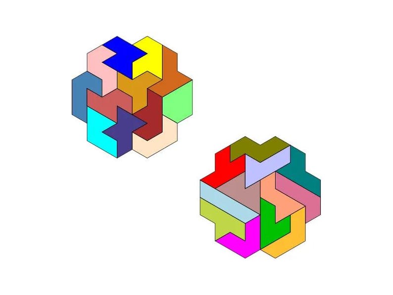 May include: Two colorful geometric designs made up of interlocking shapes. The designs are made up of various colors, including red, blue, green, yellow, orange, pink, and brown.