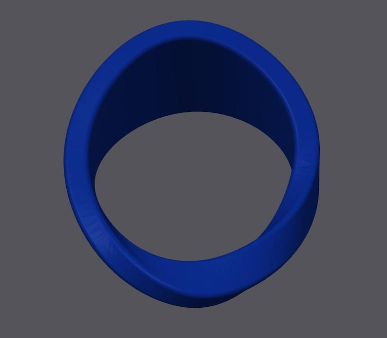 K&ouml;nnte beinhalten: Ein leuchtend blauer, abstrakter Ring mit einem verdrehten Design. Der Ring hat eine glatte, matte Oberfl&auml;che und eine moderne, minimalistische &Auml;sthetik. Der Hintergrund ist ein neutrales Grau.