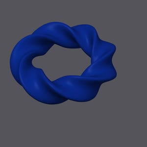 May include: A blue, three-dimensional, abstract shape resembling a twisted ring or a knot.