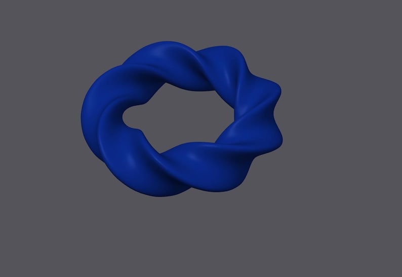 May include: A blue, three-dimensional, abstract shape resembling a twisted ring or a knot.