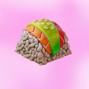 May include: A single piece of sushi with a green, orange, and red topping on a bed of white rice.
