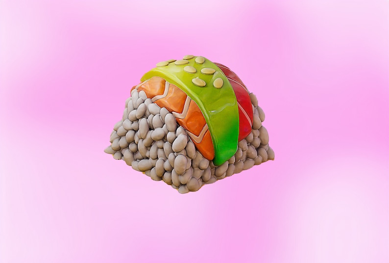 May include: A single piece of sushi with a green, orange, and red topping on a bed of white rice.