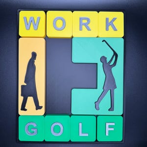 May include: Yellow and green tiles spelling out the words "WORK" and "GOLF". A silhouette of a person carrying a briefcase is on the left tile and a silhouette of a person playing golf is on the right tile.