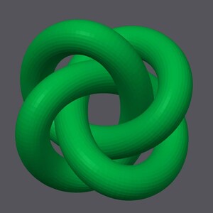 May include: A 3D rendering of a green trefoil knot, a mathematical shape. The knot is composed of three interlocking loops, creating a continuous, closed curve. The background is a solid, muted gray.
