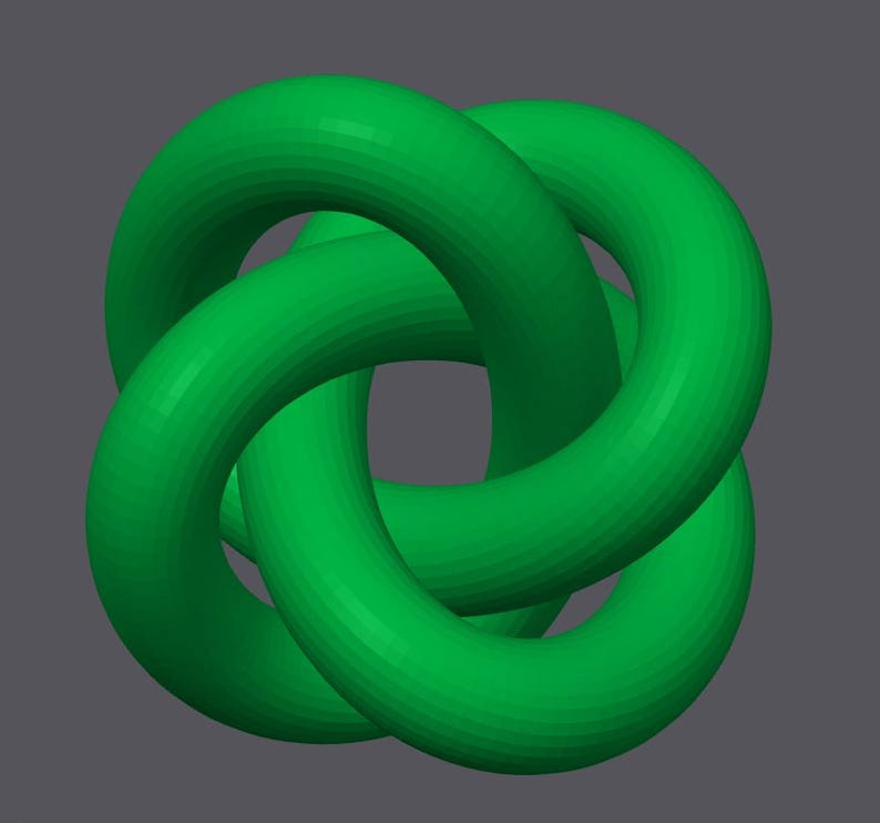 May include: A 3D rendering of a green trefoil knot, a mathematical shape. The knot is composed of three interlocking loops, creating a continuous, closed curve. The background is a solid, muted gray.