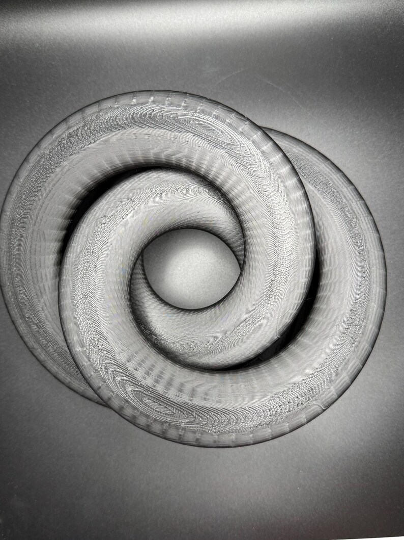 May include: A grayscale, abstract sculpture featuring two intertwined, torus-shaped forms. The forms have a textured surface with concentric circular patterns, creating a sense of depth and complexity. The background is a smooth, dark gray.