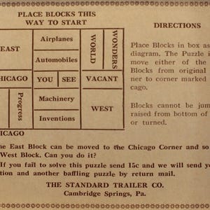 May include: A vintage game board with instructions on how to play. The board is divided into squares with words like "East", "World", "Wonders", "Chicago", "You", "See", "Vacant", "Progress", "Century", "Airplanes", "Automobiles", "Machinery", "Inventions", and "West". The text on the board reads "Place Blocks This Way To Start" and "Directions".