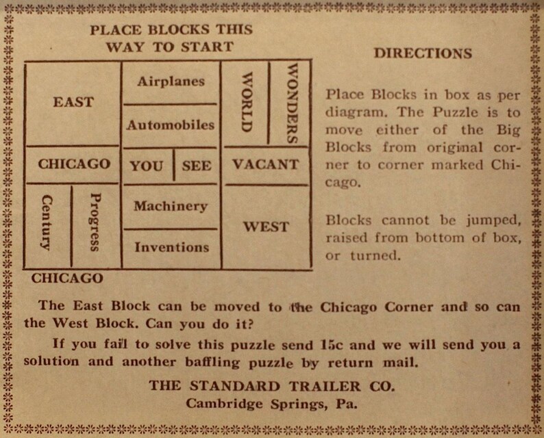 May include: A vintage game board with instructions on how to play. The board is divided into squares with words like "East", "World", "Wonders", "Chicago", "You", "See", "Vacant", "Progress", "Century", "Airplanes", "Automobiles", "Machinery", "Inventions", and "West". The text on the board reads "Place Blocks This Way To Start" and "Directions".