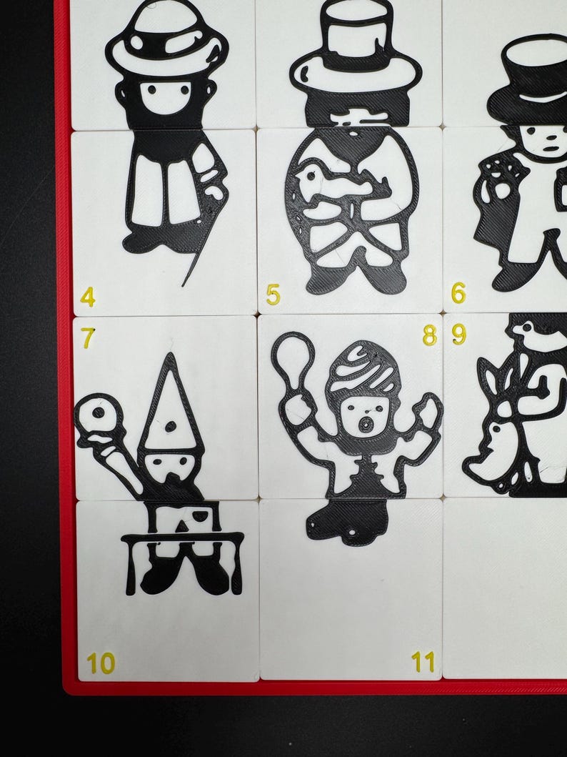 May include: A set of 11 black and white illustrations of people with different hats and accessories. The illustrations are on white squares with yellow numbers 4 through 11.