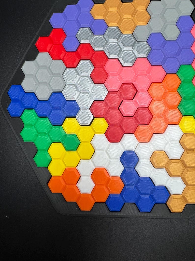 Hexagon Puzzle Brain Teaser - Difficult 3D Printed Puzzle, Brain Teaser for All Ages, 22 Unique Pieces & Hexagon Base - Large 255x225mm Game image 2