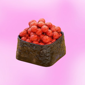 May include: A single serving of sushi with a mound of red tobiko (flying fish roe) in a square seaweed wrapper.